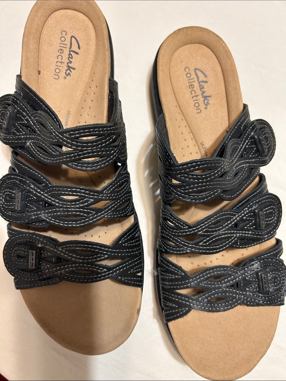 Clarks Black Braided Multi-Strap Slide Sandals